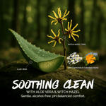 Botanical ingredient graphic showing aloe vera and witch hazel with message ‘Soothing Clean’