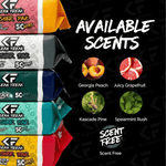Stacked Klean Freak packs with circular scent icons and text listing available scents including Georgia Peach