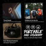 Lifestyle collage showing travel, outdoor and gym scenes with copy promoting portable, discreet wipes