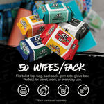 Assortment of Klean Freak Flusher Pak soft packs in multiple colors arranged above ‘50 wipes/pack’ text