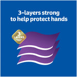 Graphic panel stating '3-layers strong to help protect hands' with a three-layer purple sheet illustration and '3 layers' badge