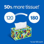 Graphic on blue background showing a patterned Kleenex tissue box with '50% more tissue' comparison from 120 to 180
