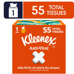 Orange Kleenex Anti‑Viral cube box graphic showing '55 total tissues' callout and brand logo on an orange background.