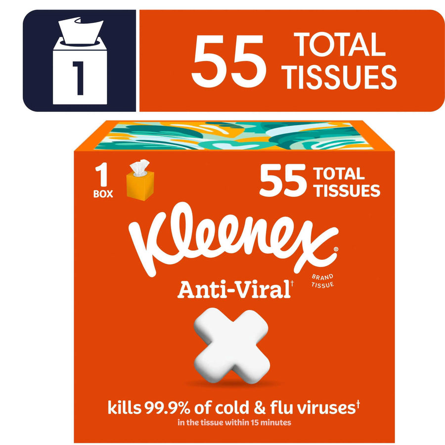Orange Kleenex Anti‑Viral cube box graphic showing '55 total tissues' callout and brand logo on an orange background.
