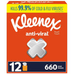 Front-facing orange Kleenex anti-viral carton showing brand logo, silver X emblem and '12' pack/660 tissues panel