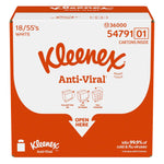 White and orange Kleenex Anti‑Viral shipping carton showing brand logo, 'Anti‑Viral' label, and open here instructions on the front.