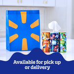 Three Kleenex Perfect Fit decorative tissue canisters beside a blue and yellow reusable bag with text 'Available for pick up or delivery'.