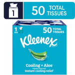 Front-facing Kleenex Cooling + Aloe cube tissue box graphic showing aloe slice and '50 total tissues' label