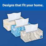 Three decorative Kleenex Trusted Care tissue boxes in patterned home-friendly designs under 'Designs that fit your home.'