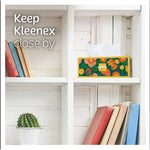 Floral patterned Kleenex tissue box displayed on a white cubby shelf next to books and a small potted cactus