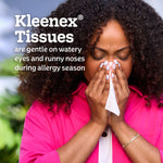 Close-up lifestyle image of a woman using a Kleenex tissue with text stating Kleenex tissues are gentle on watery eyes and runny noses.