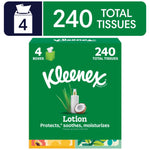 Green Kleenex multipack box graphic showing 240 total tissues and coconut imagery with lotion bottle