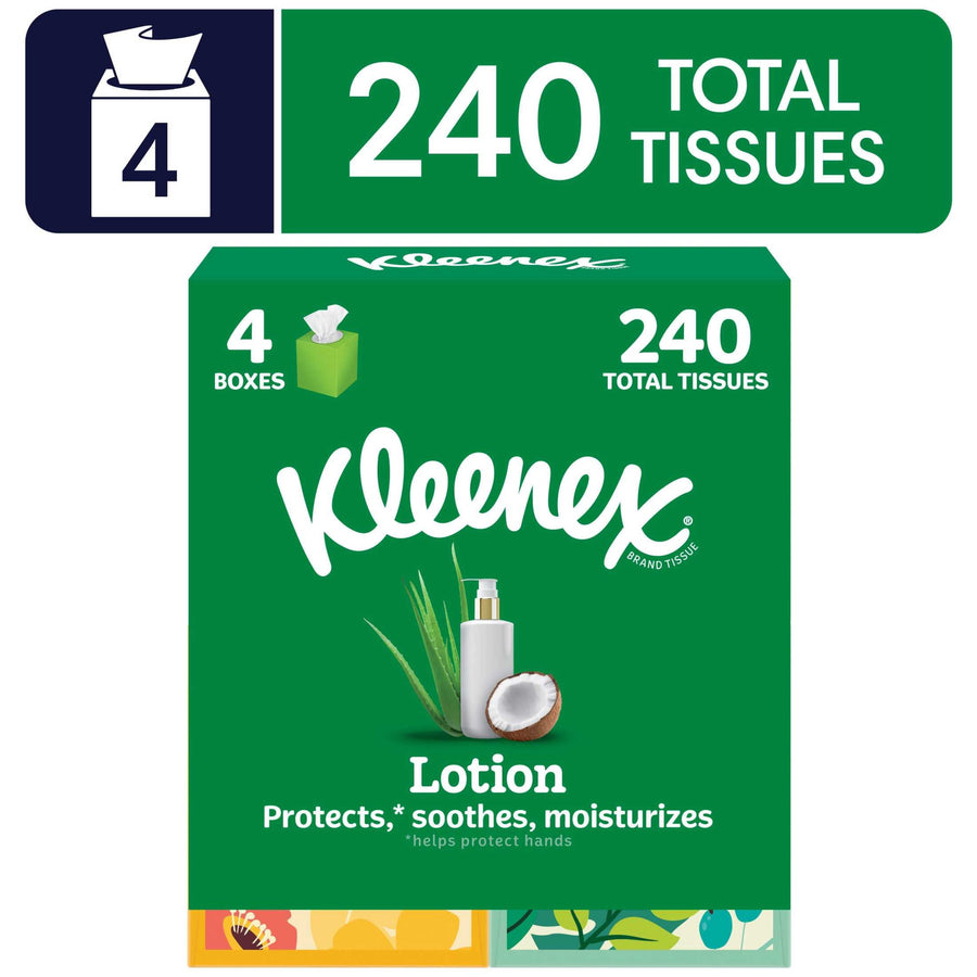 Green Kleenex multipack box graphic showing 240 total tissues and coconut imagery with lotion bottle
