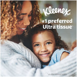 Lifestyle image of a smiling child embraced by an adult with Kleenex logo and '#1 preferred Ultra tissue' text overlay