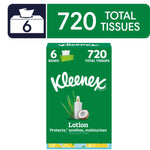 Green Kleenex Lotion multi-box graphic showing 6 boxes and '720 total tissues' with coconut image