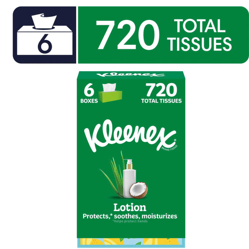 Green Kleenex Lotion multi-box graphic showing 6 boxes and '720 total tissues' with coconut image