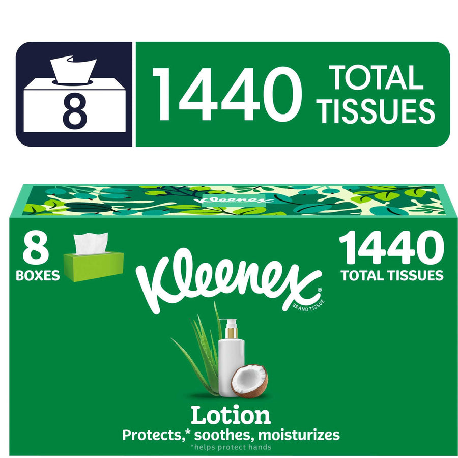 Green Kleenex lotion multi-pack box graphic showing '1440 total tissues' and coconut image