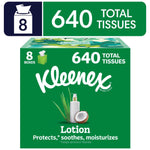 Green Kleenex cube pack box labeled Lotion with coconut image and '640 total tissues' callout