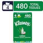 Green Kleenex lotion tissue multipack box showing coconut imagery and '480 total tissues' callout