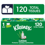 Green Kleenex lotion tissue box showing 120 total tissues banner and coconut oil and aloe graphic on packaging
