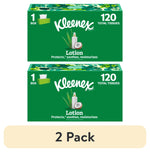 Two green Kleenex lotion tissue boxes stacked, each labeled 120 total tissues with coconut oil imagery