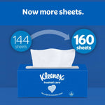 Graphic of a Kleenex tissue box with arrow showing increase from 144 sheets to 160 sheets and 'Now more sheets.'