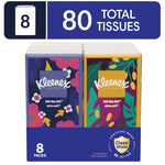 Packaged set of Kleenex On-The-Go pocket tissue packs in floral and leaf designs with '80 total tissues' label