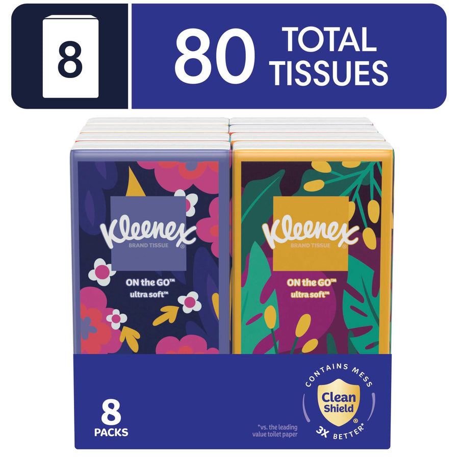 Packaged set of Kleenex On-The-Go pocket tissue packs in floral and leaf designs with '80 total tissues' label