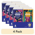 Stacked multipack of Kleenex On the Go pocket tissue packs with colorful floral packaging and an '8 packs' label.