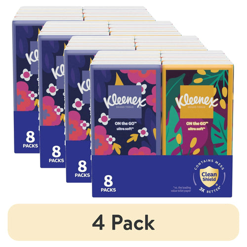 Stacked multipack of Kleenex On the Go pocket tissue packs with colorful floral packaging and an '8 packs' label.