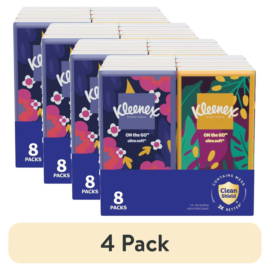 Stacked multipack of Kleenex On the Go pocket tissue packs with colorful floral packaging and an '8 packs' label.