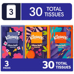 Three colorful Kleenex On-The-Go pocket packs shown in a row with graphic banner stating 30 total tissues and 3 packs.