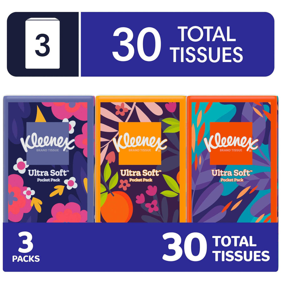 Three colorful Kleenex On-The-Go pocket packs shown in a row with graphic banner stating 30 total tissues and 3 packs.