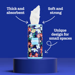 Single Kleenex Perfect Fit decorative tissue canister on a pedestal with arrows and text pointing to features like 'thick and absorbent'.