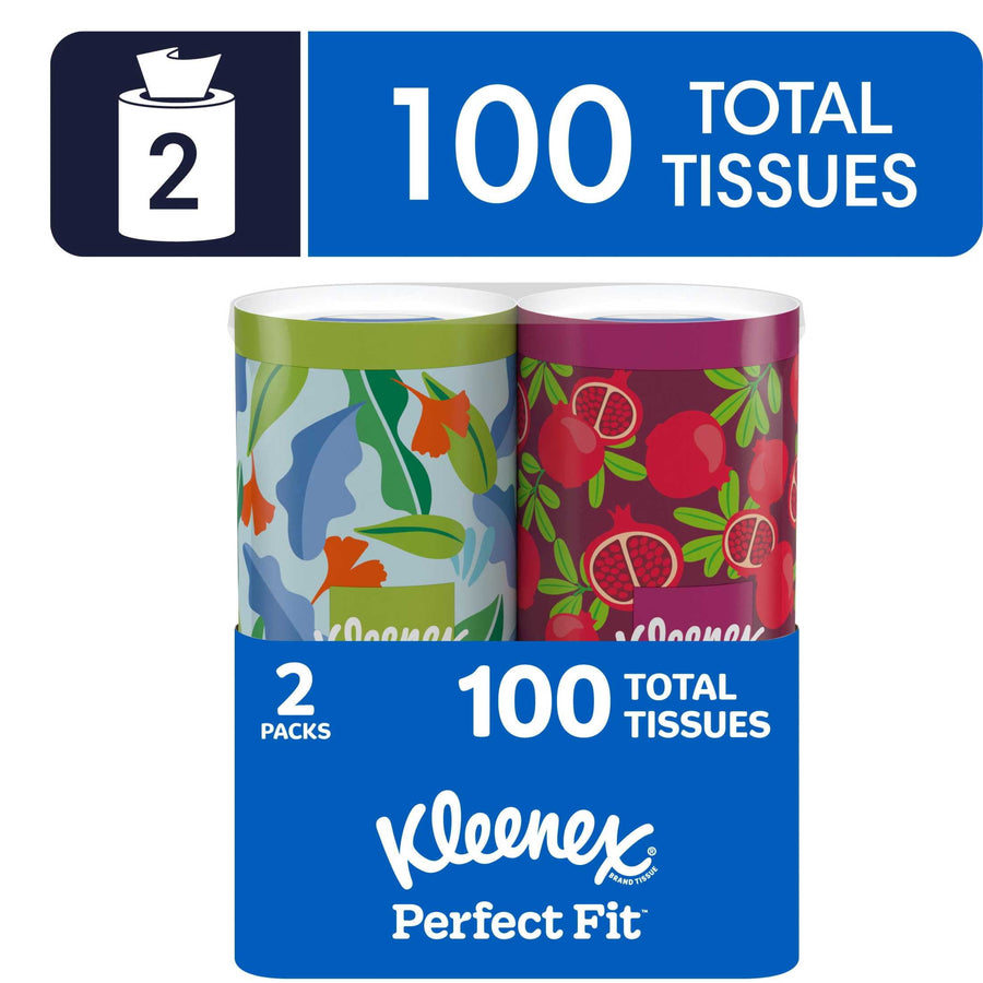 Two Kleenex Perfect Fit decorative tissue canisters in floral and pomegranate patterns with packaging showing '100 total tissues'.