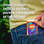 Person sliding a colorful Kleenex On-The-Go pocket pack into a back jean pocket with text about fitting in pockets and bags