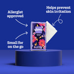 Single Kleenex On-The-Go pocket pack on a pedestal with a tissue pulled out and callouts reading allergist approved and helps prevent skin irritation.