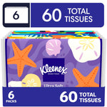 Graphic pack shot of Kleenex slim wallet packs with colorful seashell and starfish design and bold '60 total tissues' label
