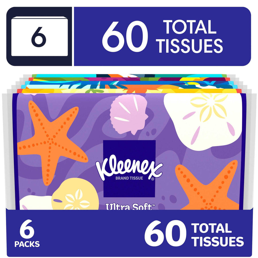 Graphic pack shot of Kleenex slim wallet packs with colorful seashell and starfish design and bold '60 total tissues' label
