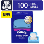 Kleenex Snap & Go blue retail box with secure lid badge and small open tissue pack illustration