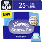 Front-facing product pack with Kleenex Snap & Go branding and secure-lid graphic