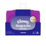 Kleenex Snap & Go Ultra Soft on-the-go tissue pack with purple hinged lid and blue sleeve