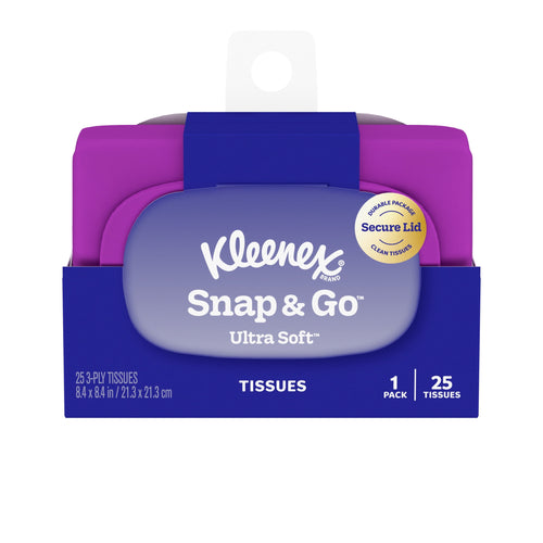 Kleenex Snap & Go Ultra Soft on-the-go tissue pack with purple hinged lid and blue sleeve