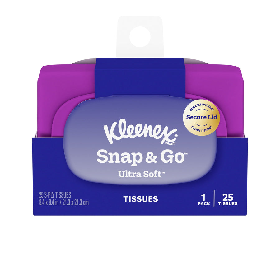 Kleenex Snap & Go Ultra Soft on-the-go tissue pack with purple hinged lid and blue sleeve