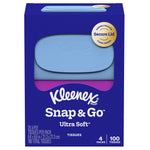 Kleenex Snap & Go ultra soft on-the-go tissue pack in blue box with secure lid and branding