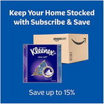 Promotional graphic on blue background reading 'Keep Your Home Stocked with Subscribe & Save' with a Kleenex cube product image and an Amazon shipping box.