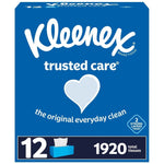 Blue Kleenex Trusted Care retail carton artwork with heart logo, 12 and 1920 tissue callouts