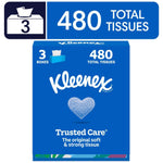 Blue Kleenex Trusted Care retail pack graphic with heart emblem and large '480 total tissues' callout