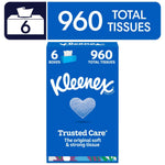 Bold blue Kleenex Trusted Care box graphic showing heart motif and '960 total tissues' banner