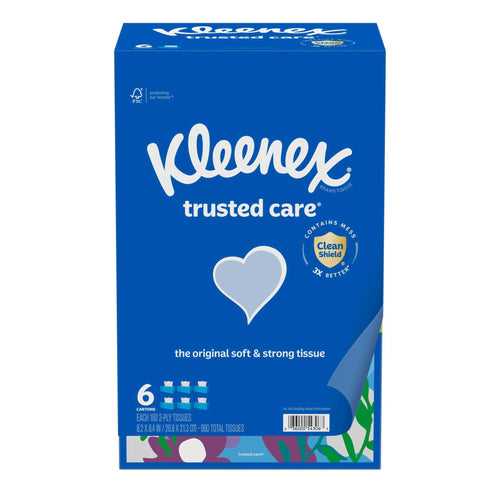 Blue Kleenex Trusted Care facial tissue box with white heart logo, Clean Shield badge and 6-pack indicator